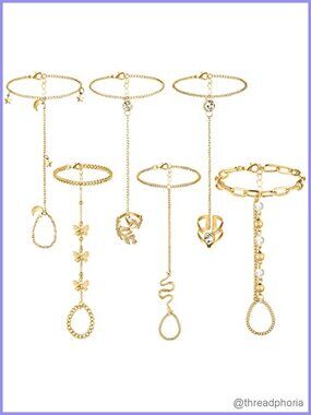 6 Pcs Rhinestone Hand Chain Bracelet Set Gold Alloy Finger Rings